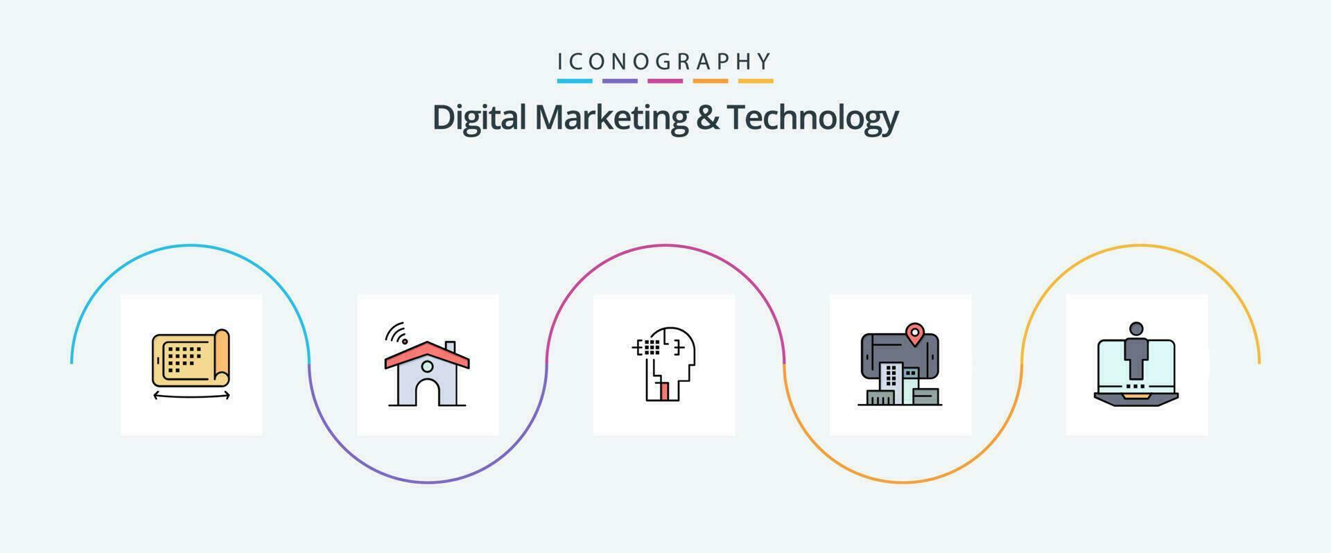 Digital Marketing And Technology Line Filled Flat 5 Icon Pack Including computer. audmented. artifical. technology. reality vector