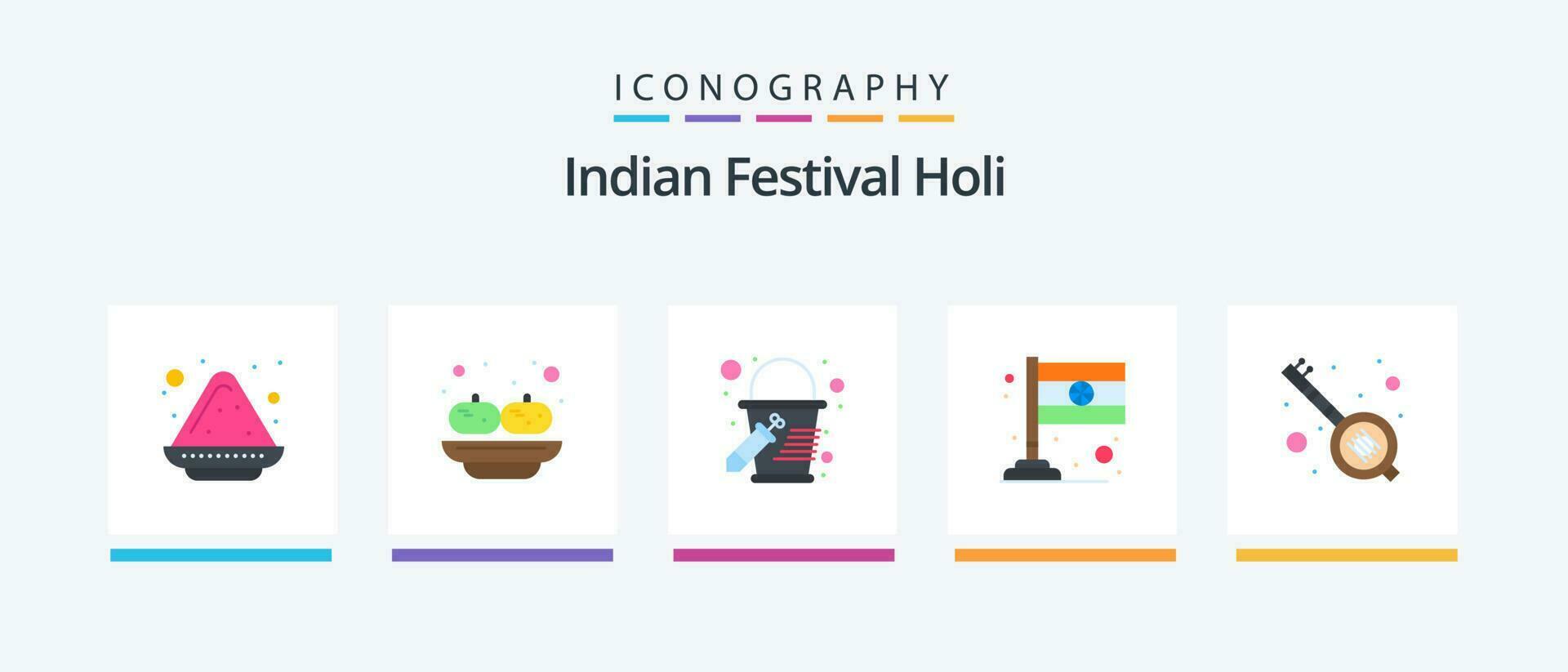 Holi Flat 5 Icon Pack Including party. music. bucket. india. flag. Creative Icons Design vector