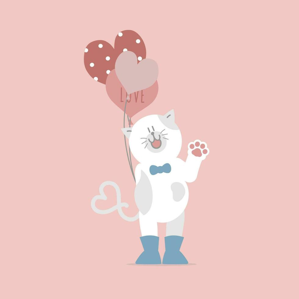 cute and lovely cat and heart balloons, happy valentines day, birthday, love concept, flat vector illustration cartoon character design isolated