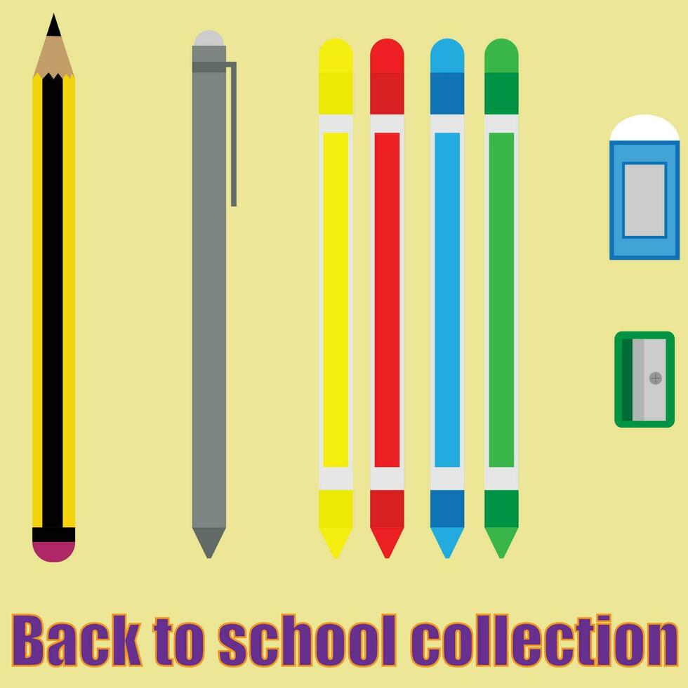 Back to school collection. Includes pencil, pen, eraser, sharpener and crayon colors, suitable for sign and banner and printing tool, stationary vector illustration, good for educational content