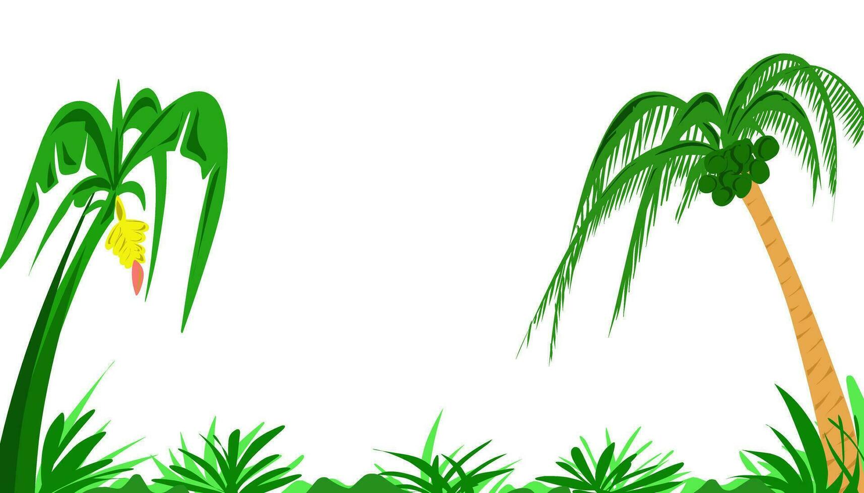 The background illustration with a tropical theme has images of banana pounds, coconut trees vector