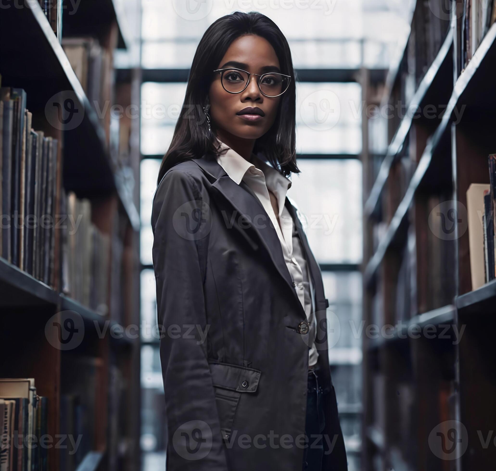 Beautiful African American Black Woman With Library In Background ...