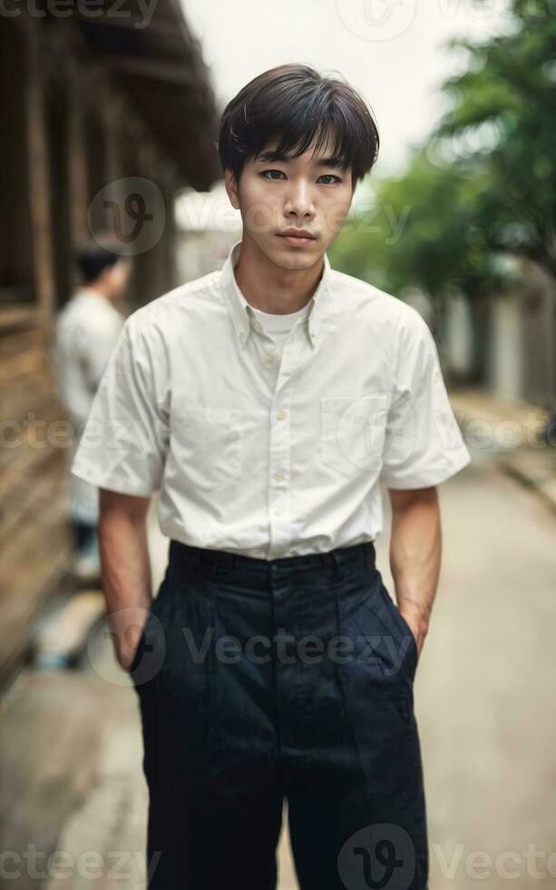 Thai people in thailand technical college uniform white shirt and pant, generative AI photo