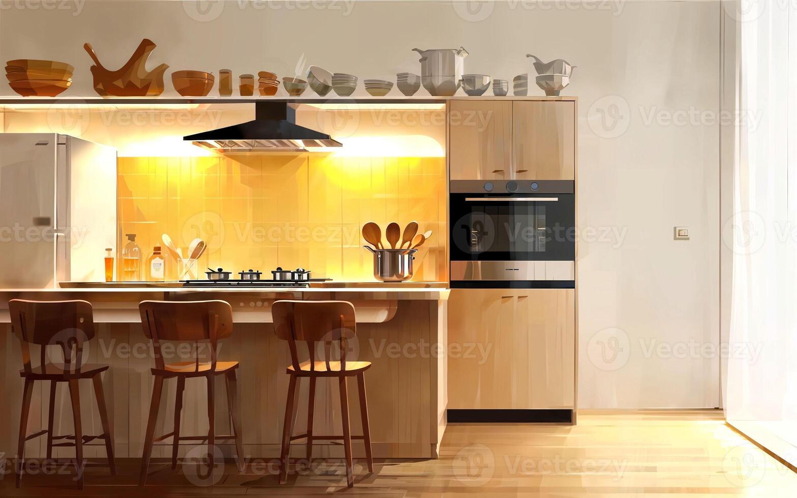 illustration digital painting drawing of modern minimal kitchen room, photo