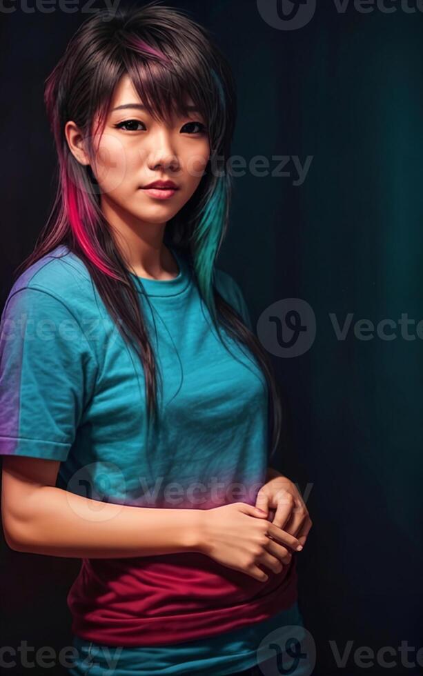 portrait photo of beautiful teenage asian woman with trending hairstyle in dark room with light in background, generative AI