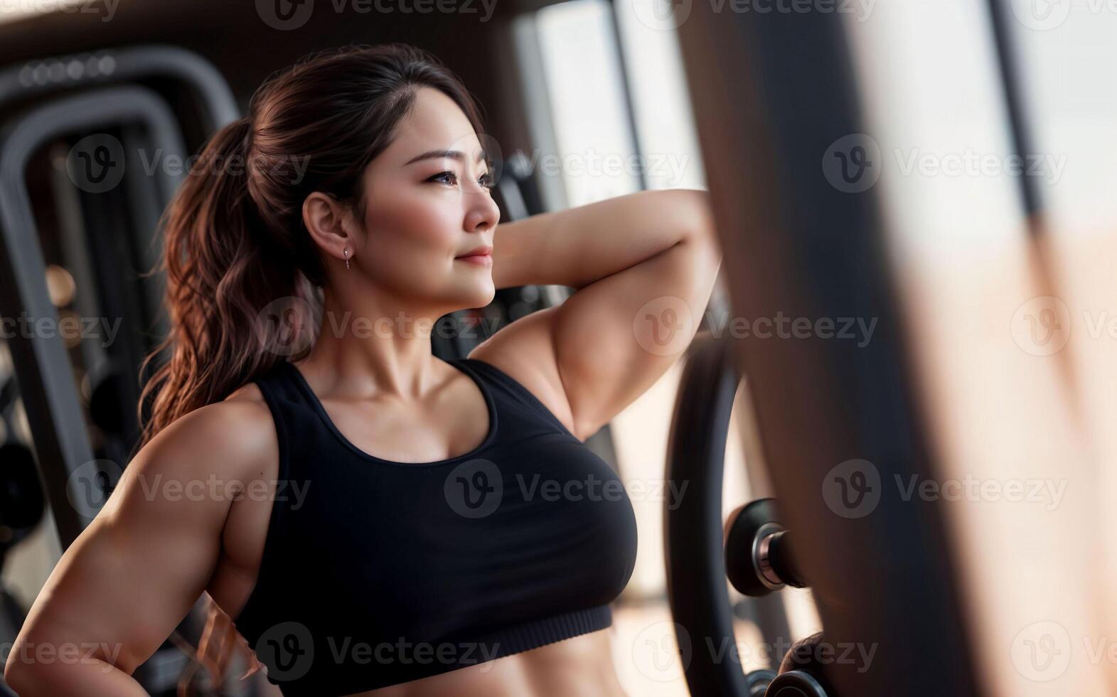 sano medio Envejecido dama mujer en deporte vestir a gimnasia, generativo ai foto