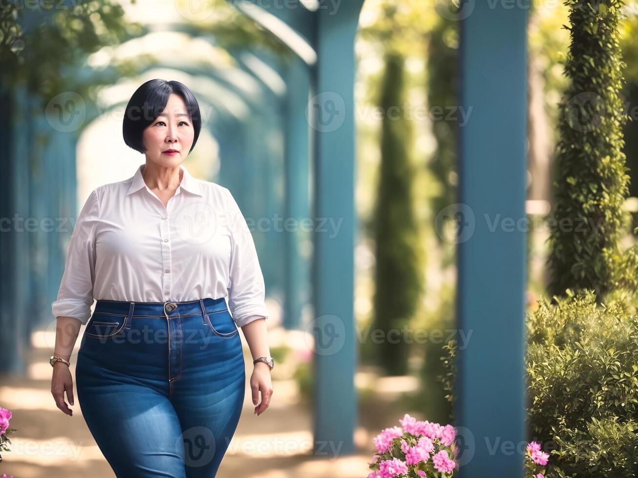 chubby curvy middle aged woman at the fresh green park, photo