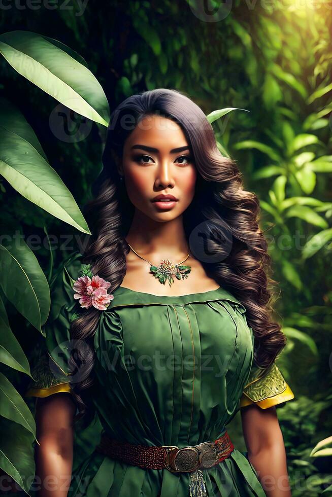 hermosa aventuras latín mujer con selva bosque en el fondo, generativo ai foto