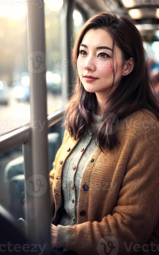 beautiful woman standing inside public bus transport, photo