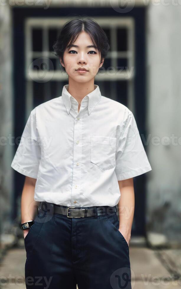 Thai people in thailand technical college uniform white shirt and pant, photo