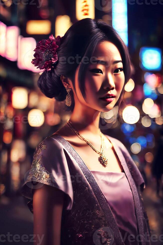 beautiful young asian woman with city street night in background, generative AI photo