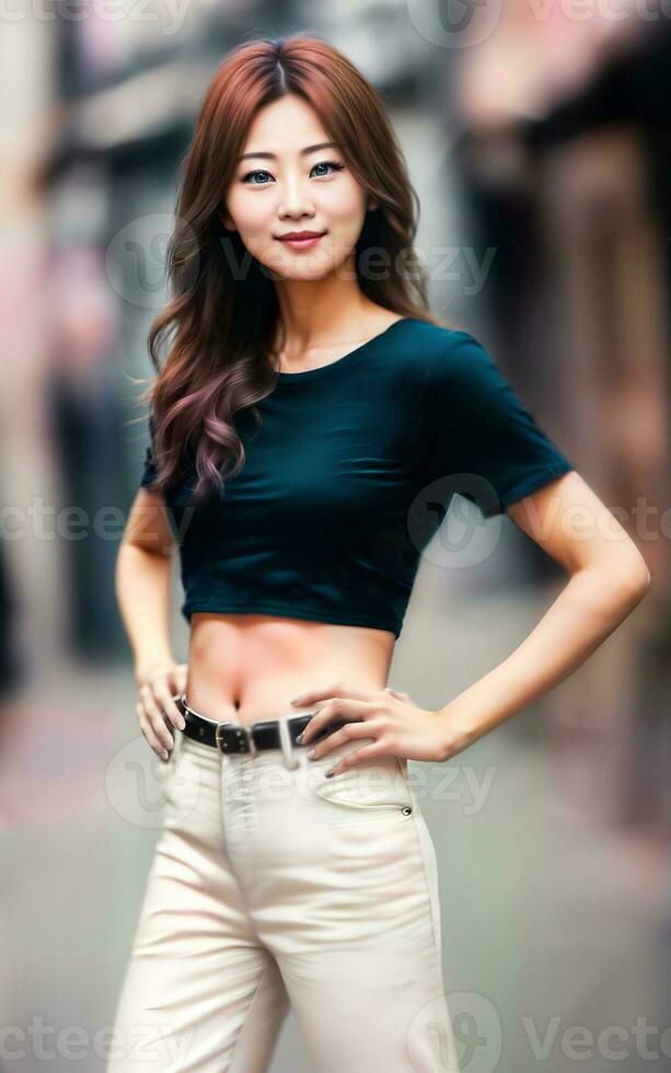 happy pretty asian woman at the street, generative AI photo