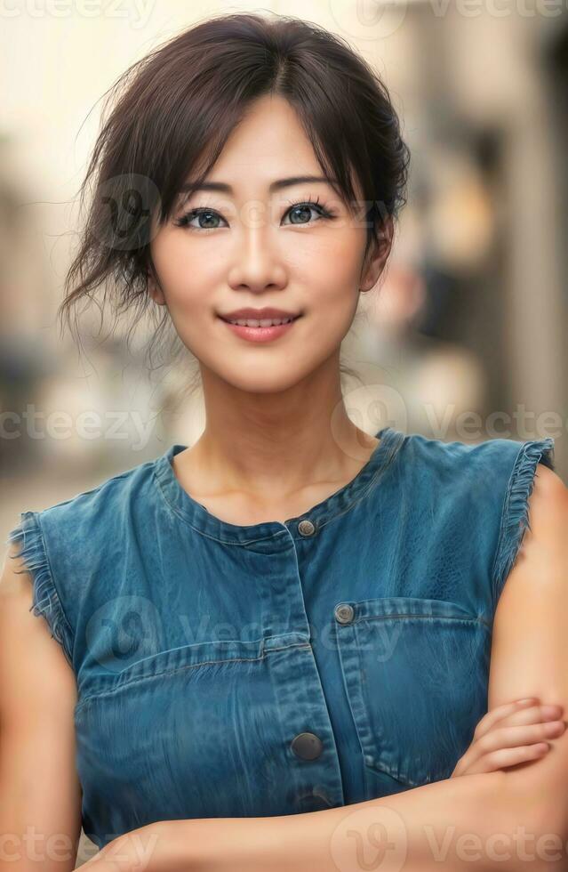 happy pretty asian woman at the street, generative AI photo