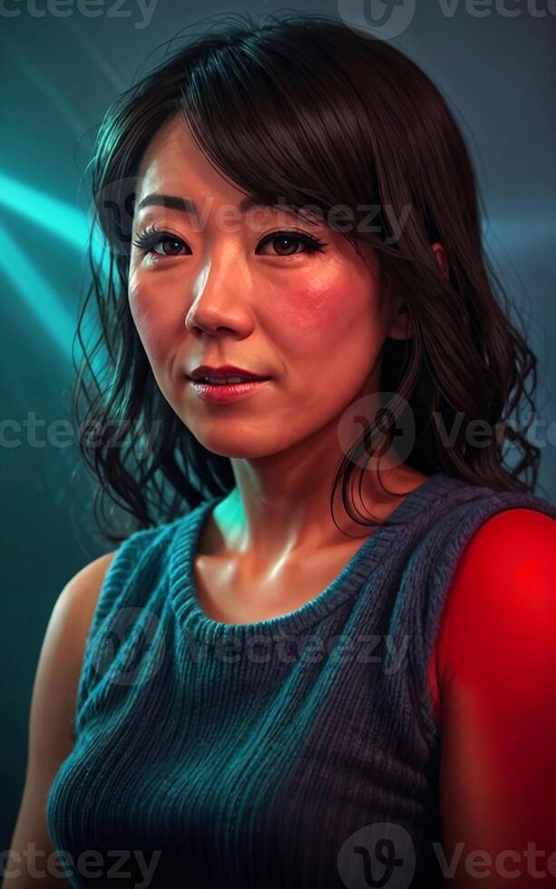 portrait photo of beautiful middle aged asian woman in dark room with light in background, generative AI