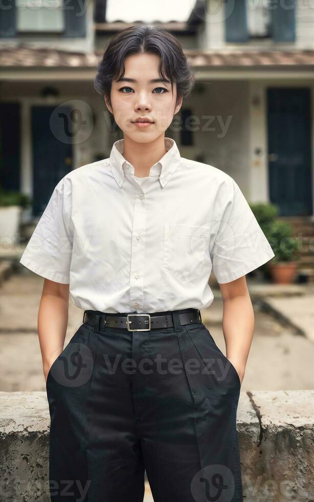 Thai people in thailand technical college uniform white shirt and pant, generative AI photo