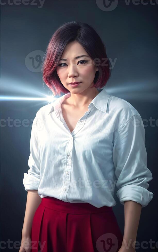 portrait photo of beautiful middle aged asian woman in dark room with light in background,