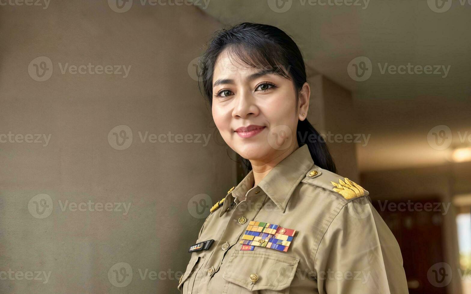 photo of middle aged asian woman in Thai teacher uniform, generative AI