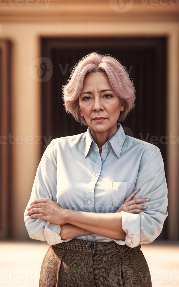 hermosa medio Envejecido antiguo dama mujer a casa con Fresco verde planta en fondo, generativo ai foto