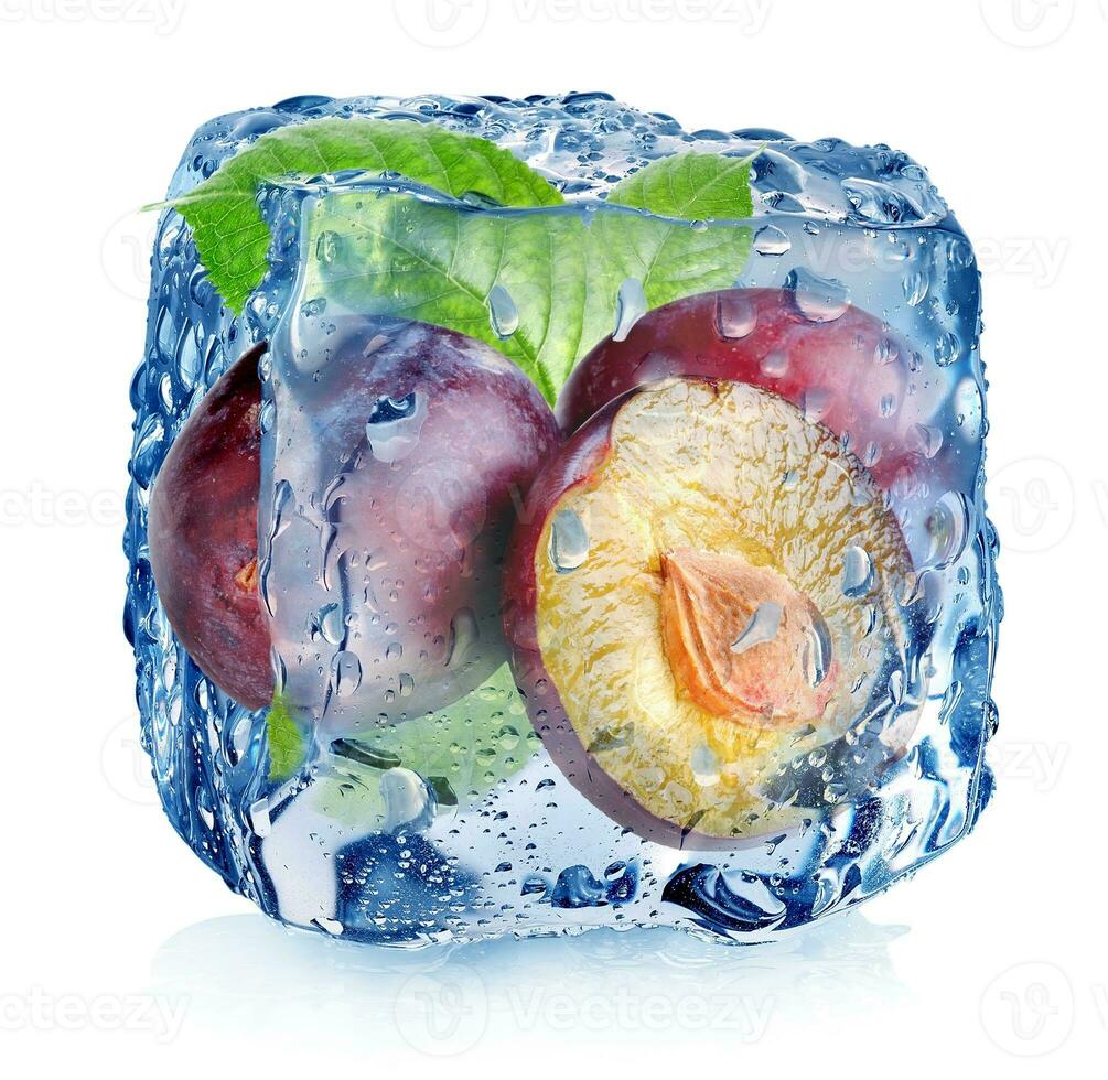 Plums in ice cube photo