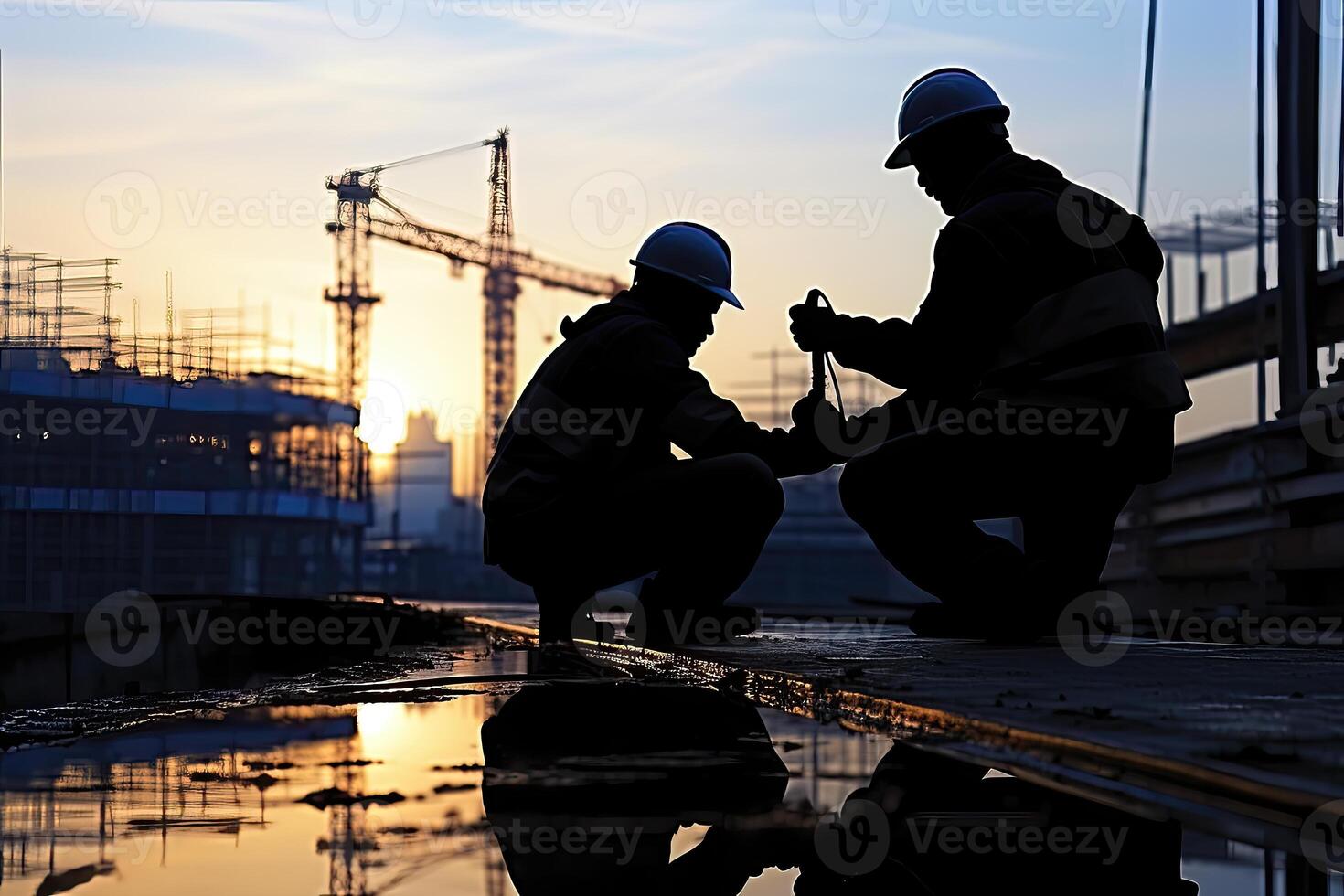 Silhouette of workers working on construction site photo