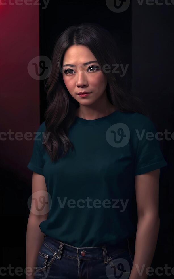 portrait photo of beautiful middle aged asian woman in dark room with light in background, generative AI