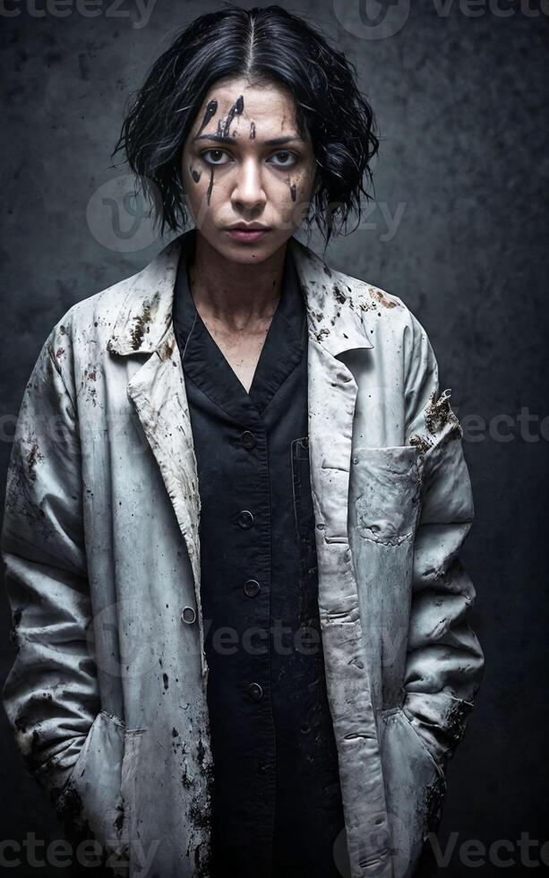 scientist researcher wearing ripped lab coat at laboratory, photo