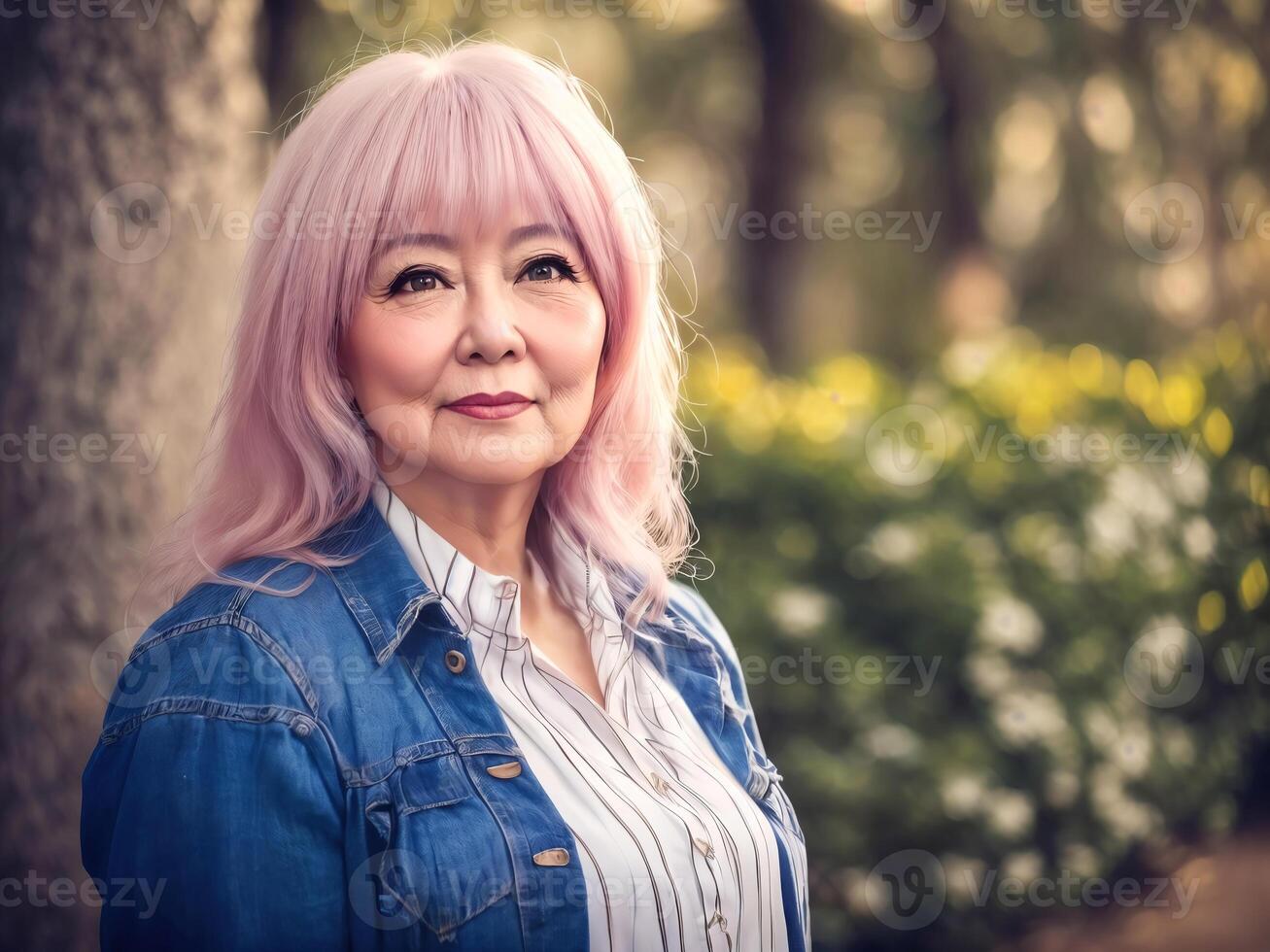 chubby curvy middle aged woman at the fresh green park, photo