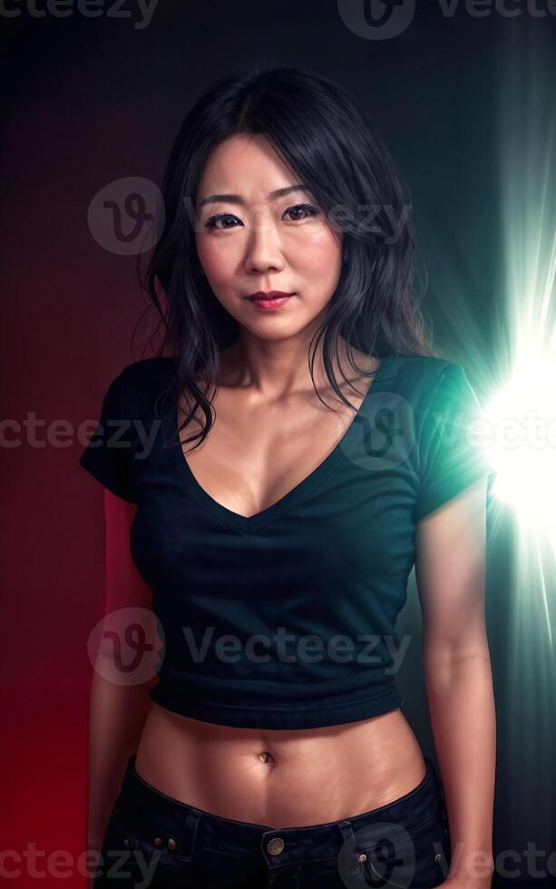 portrait photo of beautiful middle aged asian woman in dark room with light in background,