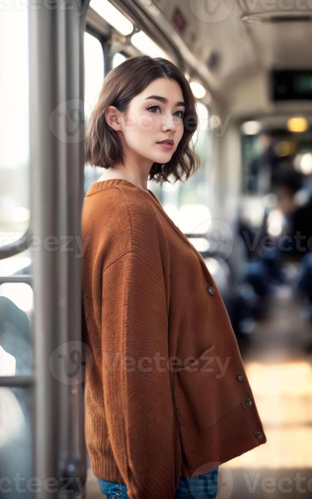 beautiful woman standing inside public bus transport, photo