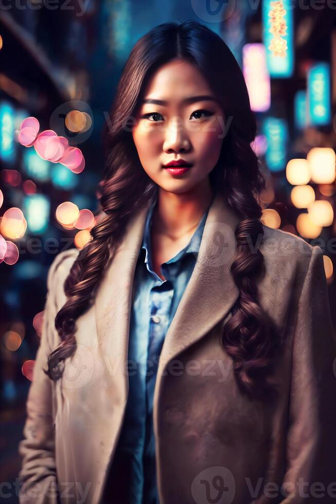 beautiful young asian woman with city street night in background, generative AI photo