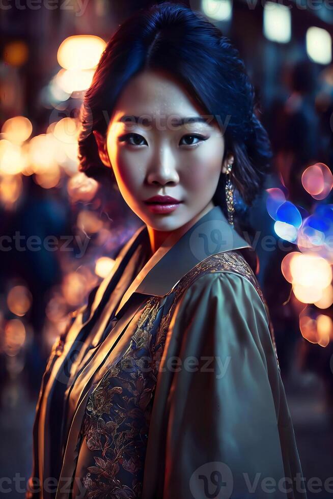 beautiful young asian woman with city street night in background, generative AI photo