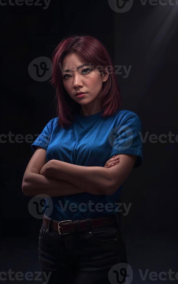 portrait photo of beautiful middle aged asian woman in dark room with light in background, generative AI