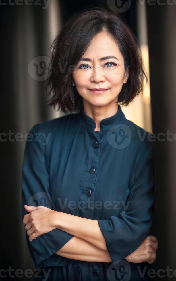 happy pretty middle aged old asian woman at the street, photo