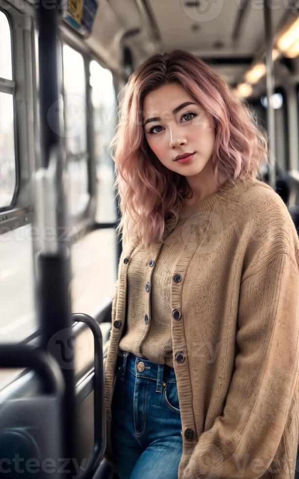 beautiful woman standing inside public bus transport, photo