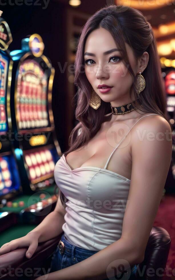 beautiful asian woman with luxury dress in grand casino gambling, generative AI photo