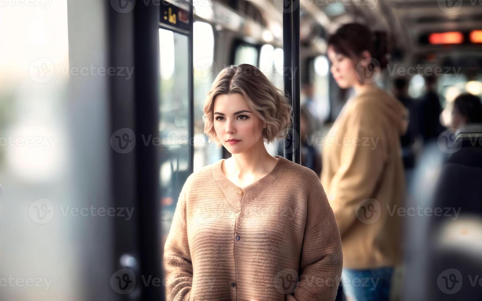 beautiful woman standing inside public bus transport, photo