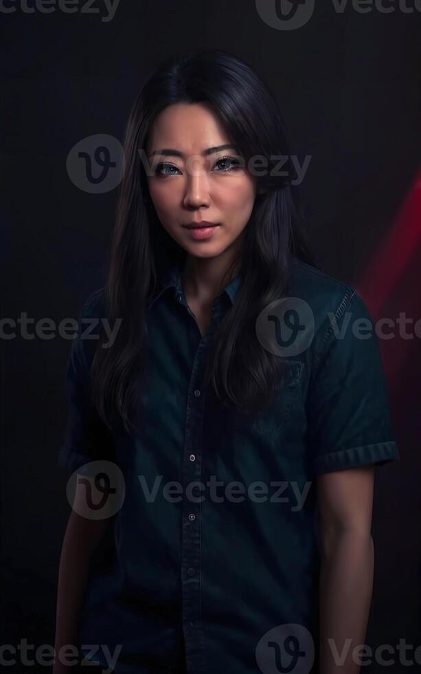 portrait photo of beautiful middle aged asian woman in dark room with light in background, generative AI