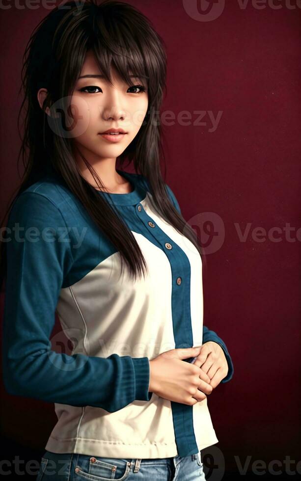 retrato foto de hermosa Adolescente asiático mujer con tendencias peinado en oscuro habitación con ligero en fondo, generativo ai