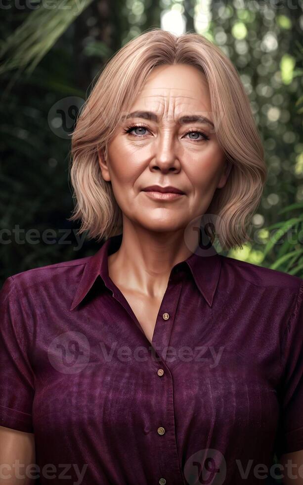 beautiful middle aged old lady woman at house with fresh green plant in background, photo