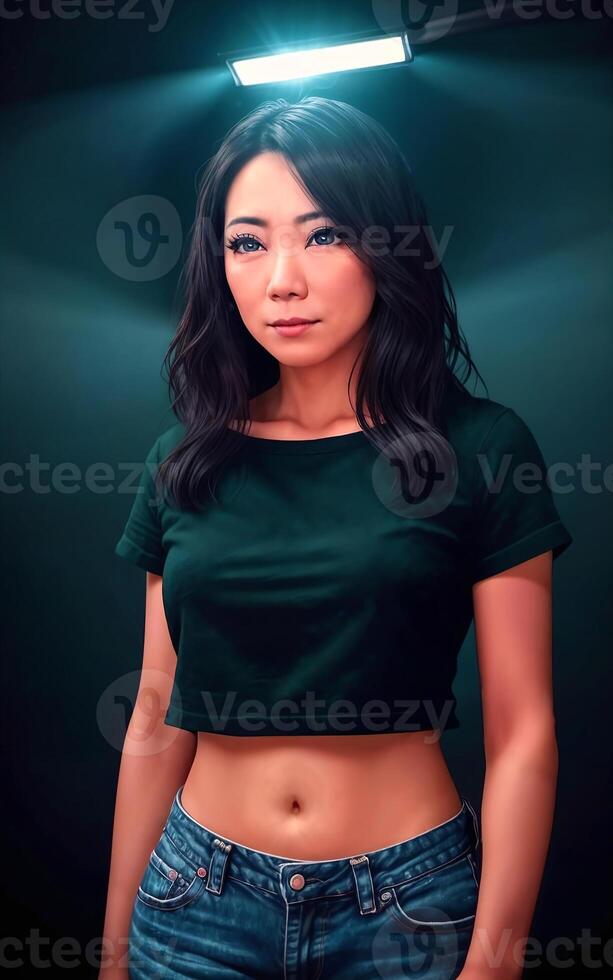 portrait photo of beautiful middle aged asian woman in dark room with light in background,