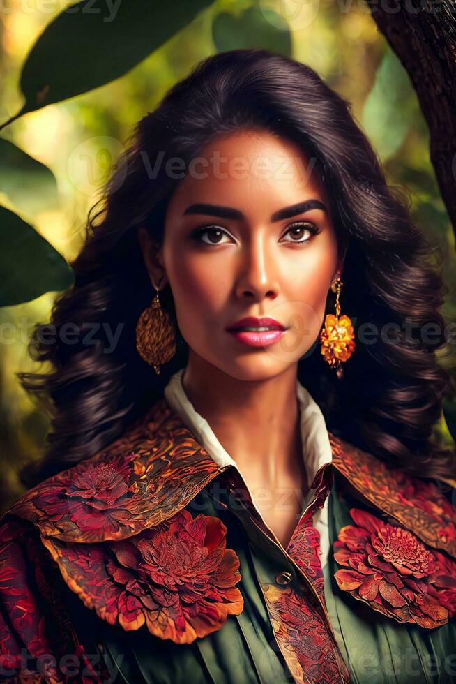 beautiful adventure latin woman with jungle forest in the background, generative AI photo