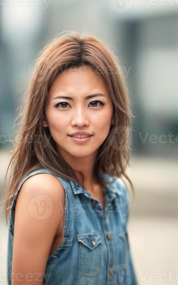 happy pretty middle aged old asian woman at the street, photo
