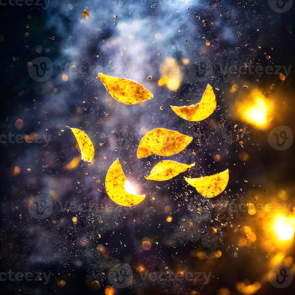 close up of flying slice fries chips in the air, photo