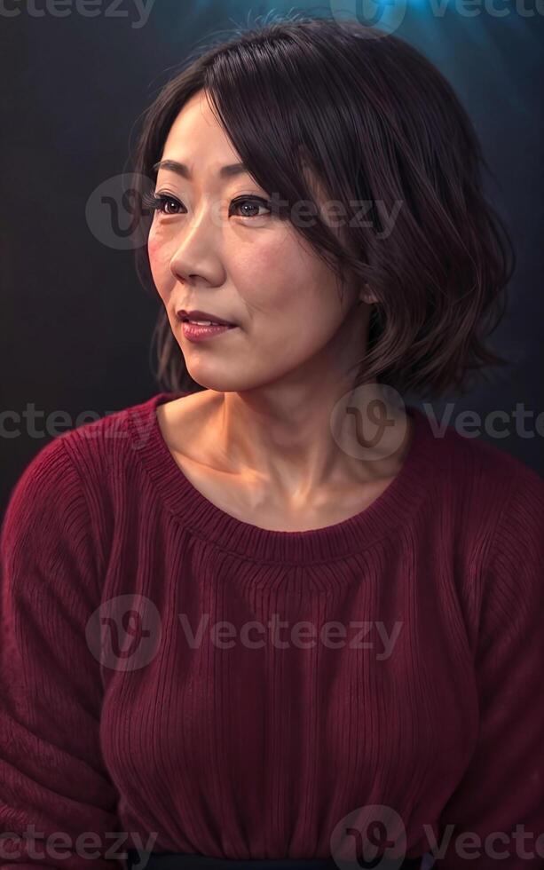 portrait photo of beautiful middle aged asian woman in dark room with light in background,