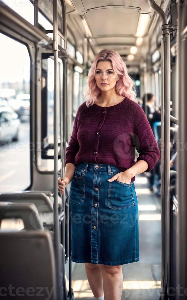 beautiful woman standing inside public bus transport, photo