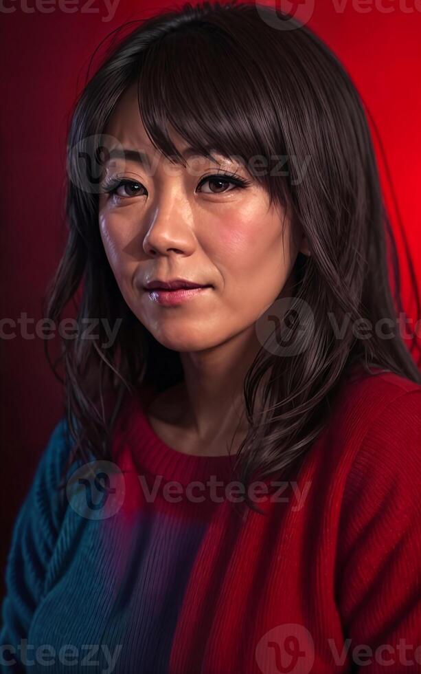 portrait photo of beautiful middle aged asian woman in dark room with light in background,