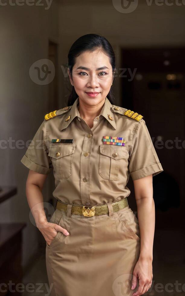 photo of middle aged asian woman in Thai teacher uniform,