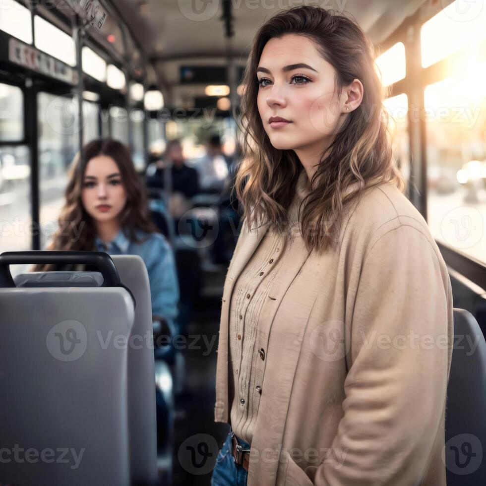 beautiful woman standing inside public bus transport, photo