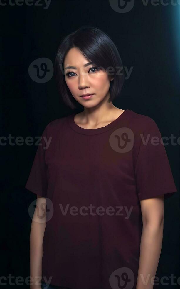 portrait photo of beautiful middle aged asian woman in dark room with light in background, generative AI