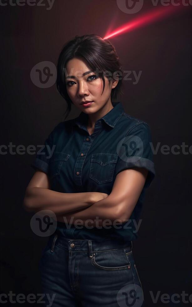 portrait photo of beautiful middle aged asian woman in dark room with light in background, generative AI